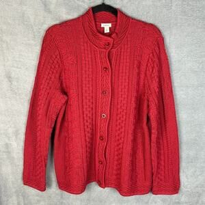 LL Bean Sweater Womens Extra Large Red Cable Knit Cardigan Fisherman Preppy Cozy